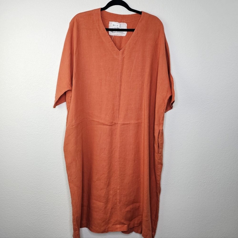 Not Perfect Linen Burnt Orange Oversized Shift Caftan Pocket Dress M/L - Picture 2 of 9